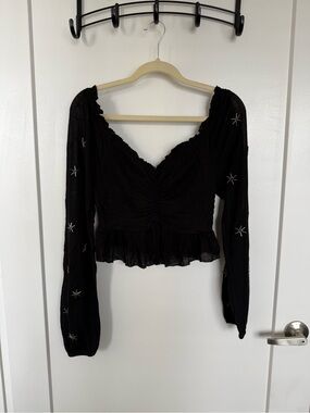 Urban Outfitters Black Long-Sleeve Ruched Heart Top with Starry Sleeves